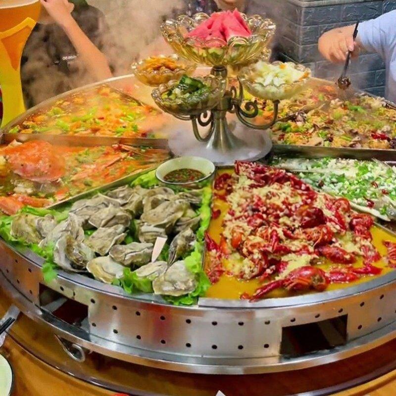 网红款海鲜大咖盘龙虾拼盘餐厅饭店加热款不锈钢创意圆形海鲜锅