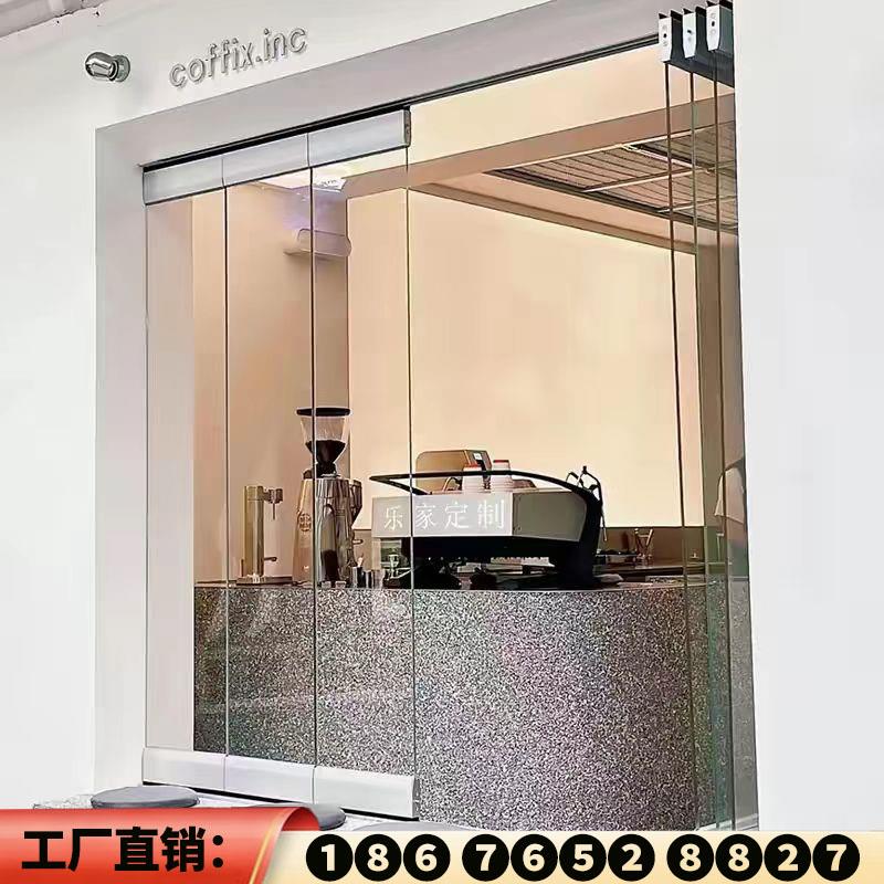 玻璃门无框折叠门铝合金咖啡店办公室阳台吊轮无下轨推拉移动门图片