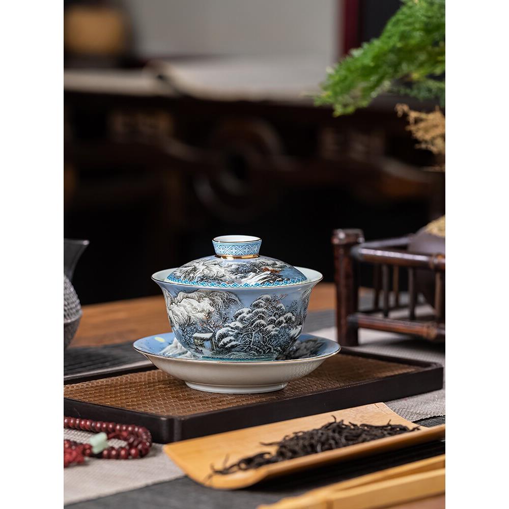 景德镇珐琅雪景三彩碗非热茶碗家用陶瓷功夫茶具大茶杯