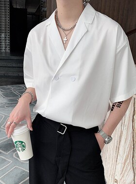 夏季高级感小众设计垂感白色衬衫男韩版禁欲系西装领短袖衬衣潮流