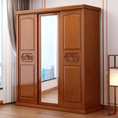 中式实木衣柜三门木滑移门纳储收带镜子大9310#衣柜物推拉门质大