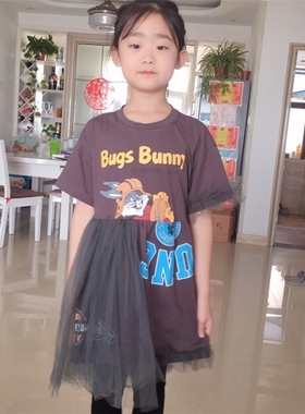 2022夏装童装女童卡通连衣裙中大童宽松休闲灰色网红T恤纱裙新款