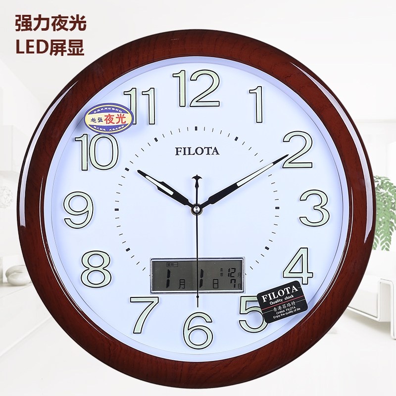 精品包邮香港斐珞特超静音40厘米客厅卧室夜光日历壁挂钟石英钟表图片