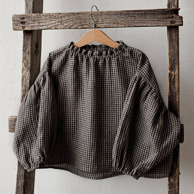 女童装纯棉长袖黑白格子衬衫秋季木耳领宽松洋气可爱灯笼袖上衣