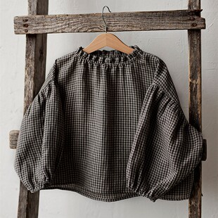 女童装纯棉长袖黑白格子衬衫秋季木耳领宽松洋气可爱灯笼袖上衣