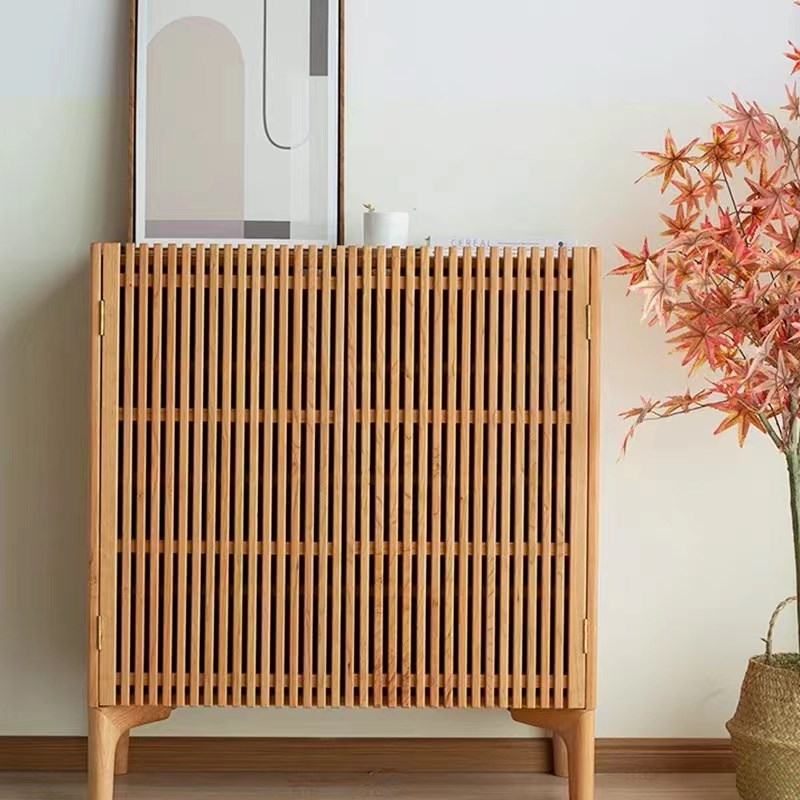 北美樱桃木格栅靠墙边实木鞋柜家用门口简约大容量对开门储物柜