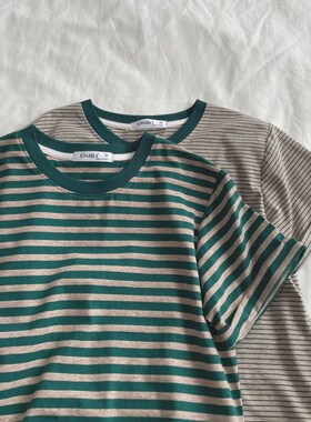 撞色复古条纹T 夏季显瘦绿色条纹卷边袖小个子宽松圆领短袖T恤女