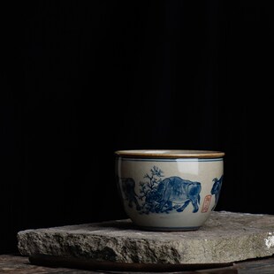 独清 五牛图老泥料缸杯 景德镇纯手工陶瓷品茗单个茶具大号主人杯