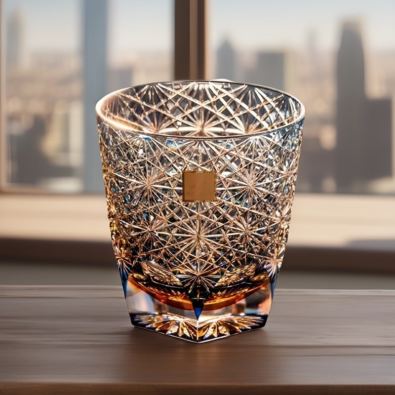 江户切子蓝雏菊水晶杯家用高档手工威士忌酒杯日式无铅水晶玻璃杯