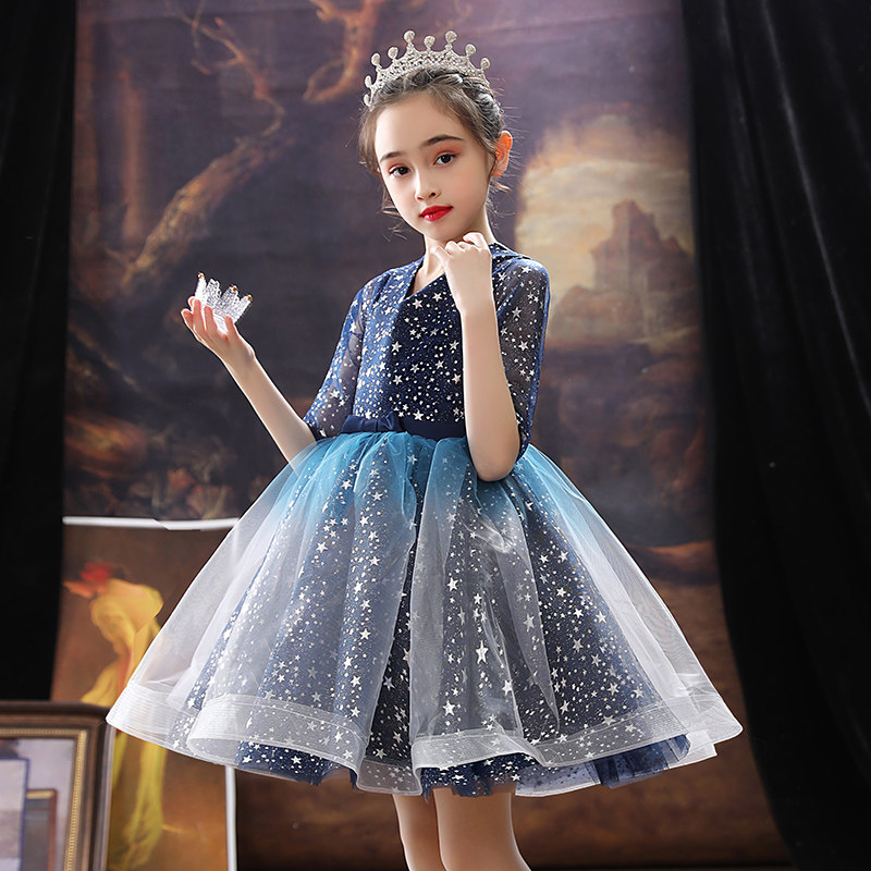 儿童礼服公主裙女童生日蓝色小女孩花童婚礼主持人钢琴演出服秋冬