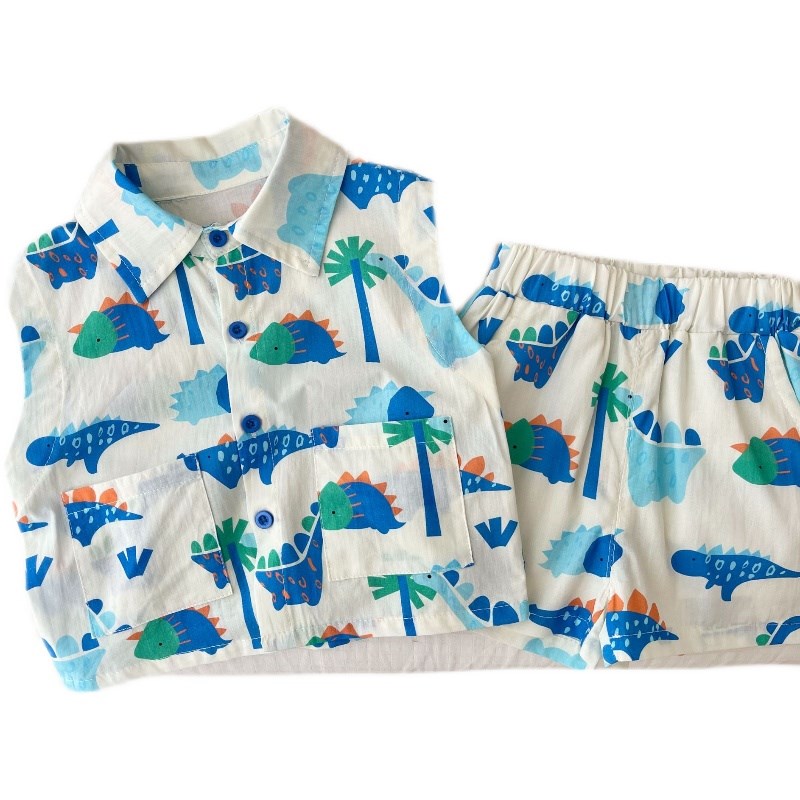 儿童无袖衬衫套装宝宝夏季卡通翻领T恤休闲短裤男童上衣两件套