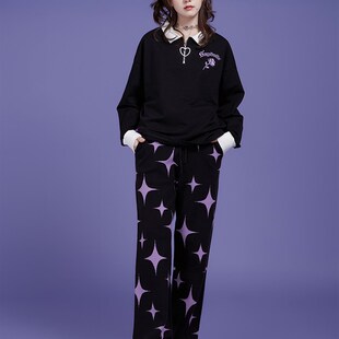 SagiDolls少女斗志 重磅加厚黑紫星星甜酷针织裤保暖长裤休闲裤冬