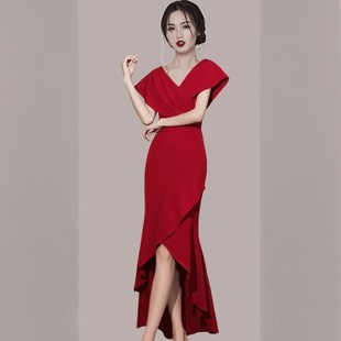 新娘敬酒服红色晚礼服2021新款v领鱼尾优雅主持人宴会裙大气订婚