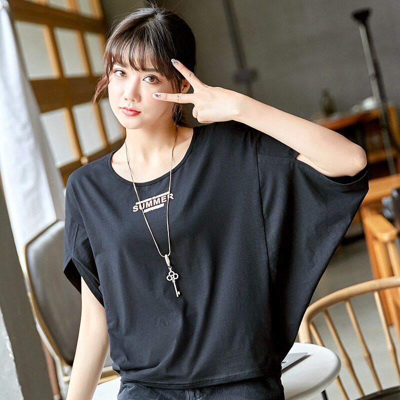 纯棉短袖大码女装200斤显瘦胖妹妹宽松上衣新款夏装圆领蝙蝠袖t恤