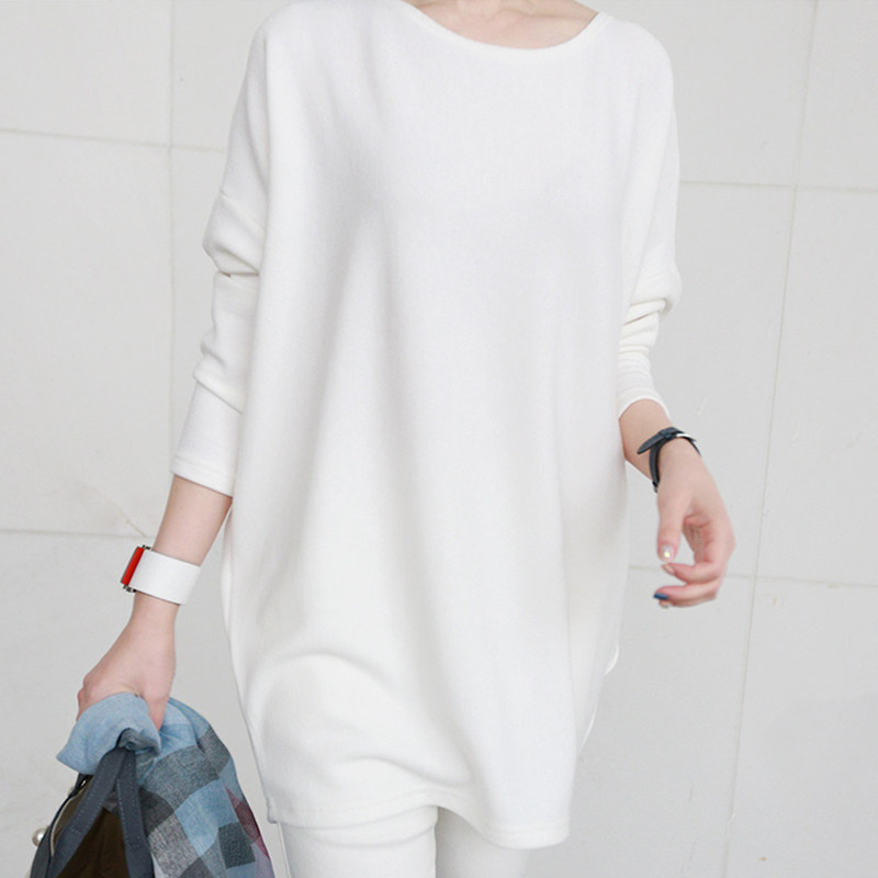 加绒加厚中长款长袖t恤女宽松2021秋冬纯棉大码打底衫女显瘦上衣