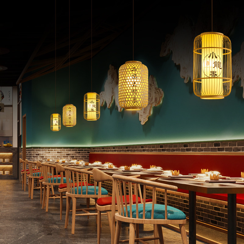 定制竹编灯笼吊灯中式火锅店餐厅餐饮店复古仿古红色竹子户外灯具图片