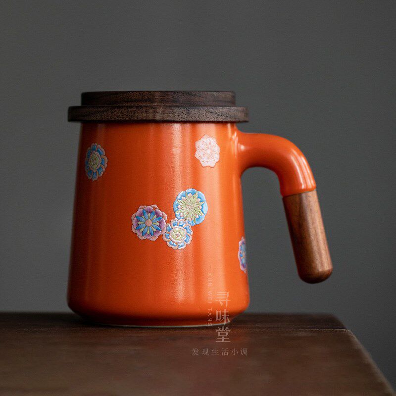 雅致皮球花办公杯木柄手把马克杯木盖陶瓷水杯茶杯咖啡杯早餐杯