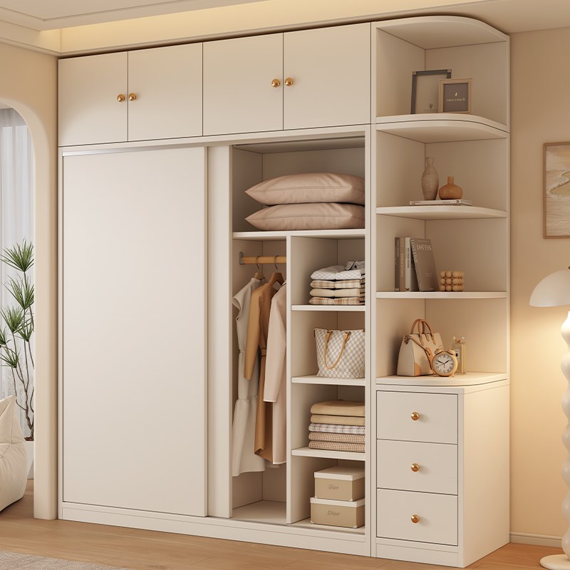 衣柜家用卧室实木奶油风出租房用简易衣橱小户型推拉门儿童挂衣橱