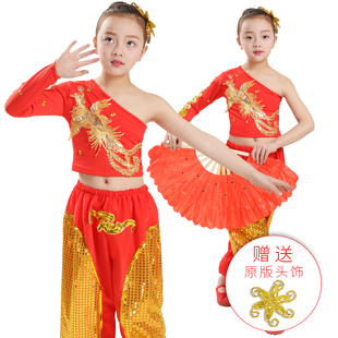 少年志舞蹈服装儿童古典中国说打鼓演出服红色女童秧歌扇子表演服