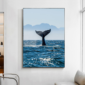 蓝色大海水鲸鱼鲲浪花客厅饭厅装饰画卧室牀头背景墙挂画办公室挂
