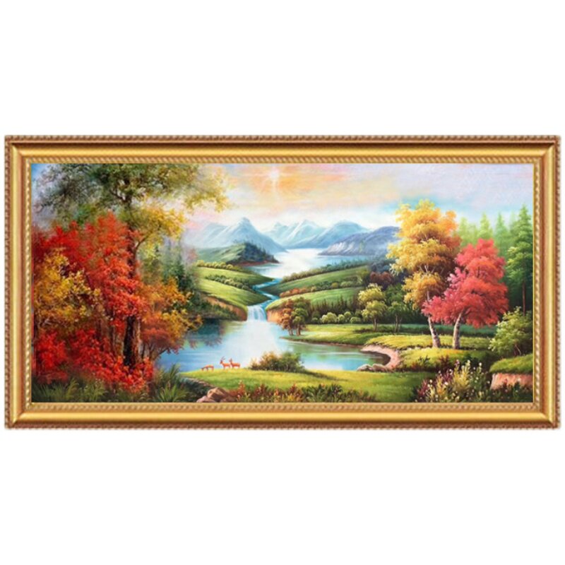 纯手绘油画欧式靠山画玄关沙发横版挂画客厅装饰画山水风景聚宝盆