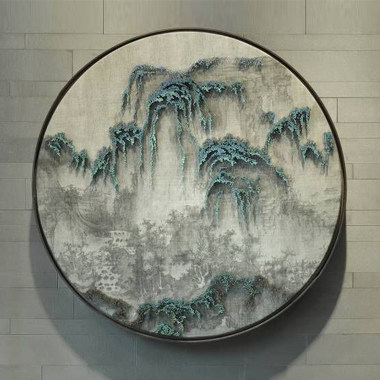 新中式装饰画 手工立体水墨山水金属钉子圆框禅 工艺画 挂画 客厅
