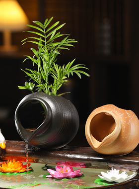 创意瓦罐流水配件循环水横杆中式古法鱼缸配件陶瓷上水器摆件装饰