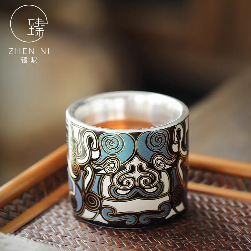 金银错茶杯中国风饕餮纹主人杯个人专用品茗杯陶瓷鎏银茶具单茶碗