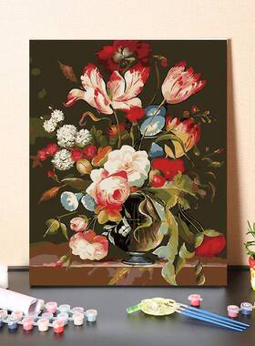 FHE数字油画diy工填充式复古欧装花手卉手绘涂色客厅饰丙烯油彩金