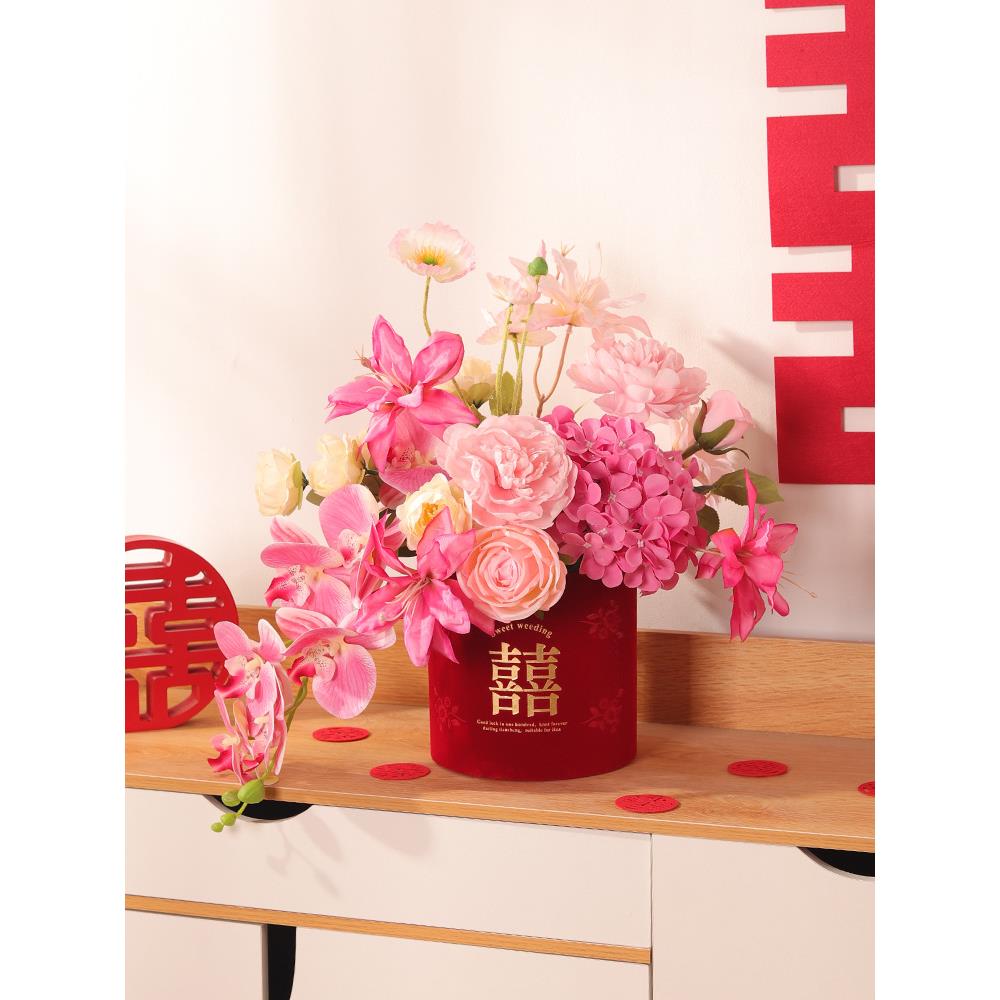 婚房真布置装件饰套装男女主卧室酒01店结婚新房仿花方摆DIY抱抱