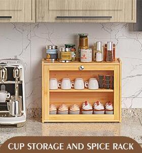 现货竹制家储用厨房层58822面包箱面调味品存透明玻璃方桌形双面