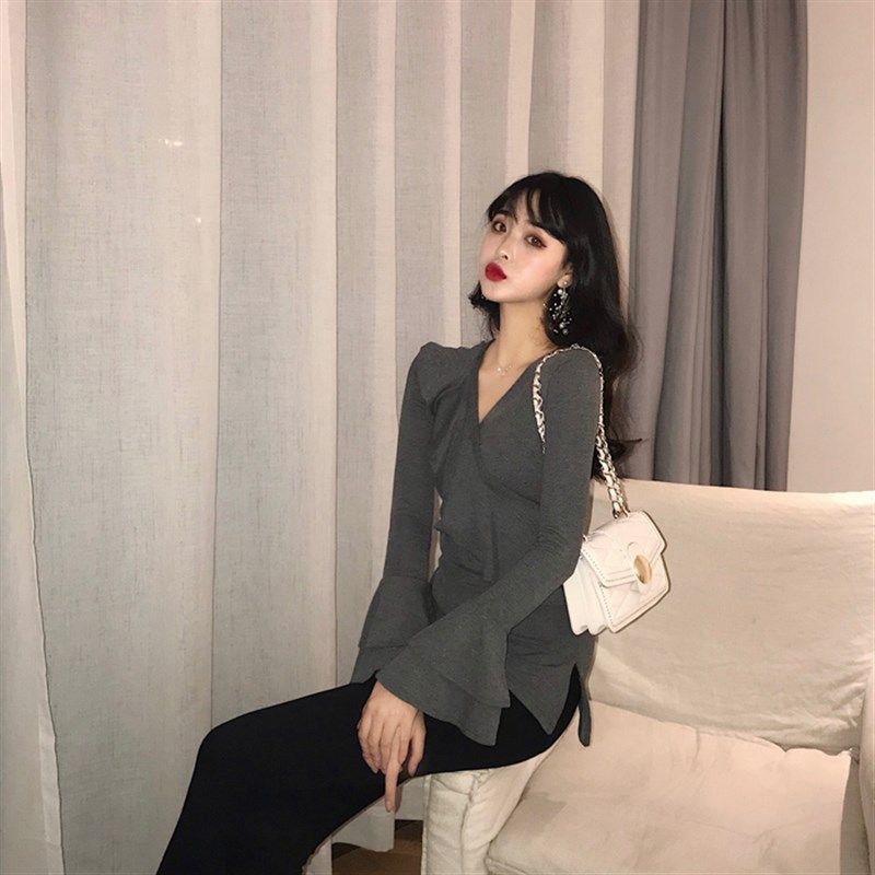 荷叶边V领显瘦T恤女新款双层喇叭袖长袖上衣百搭气质舞蹈服大码女