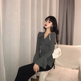 荷叶边V领显瘦T恤女新款双层喇叭袖长袖上衣百搭气质舞蹈服大码女