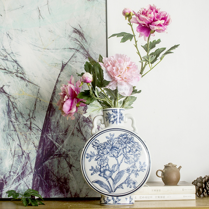 中式复古禅意青花瓷双耳陶瓷花瓶抱月瓶民宿客厅插花养花瓷瓶摆件