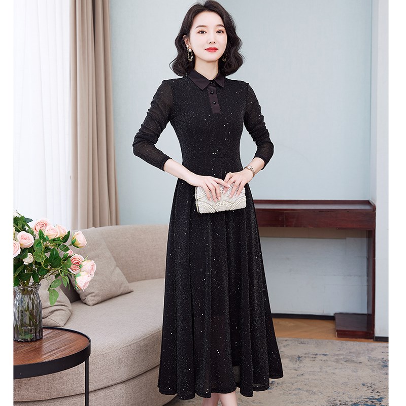 春季网纱连衣裙女长袖2024年新款大码气质修身显瘦polo领长款长裙