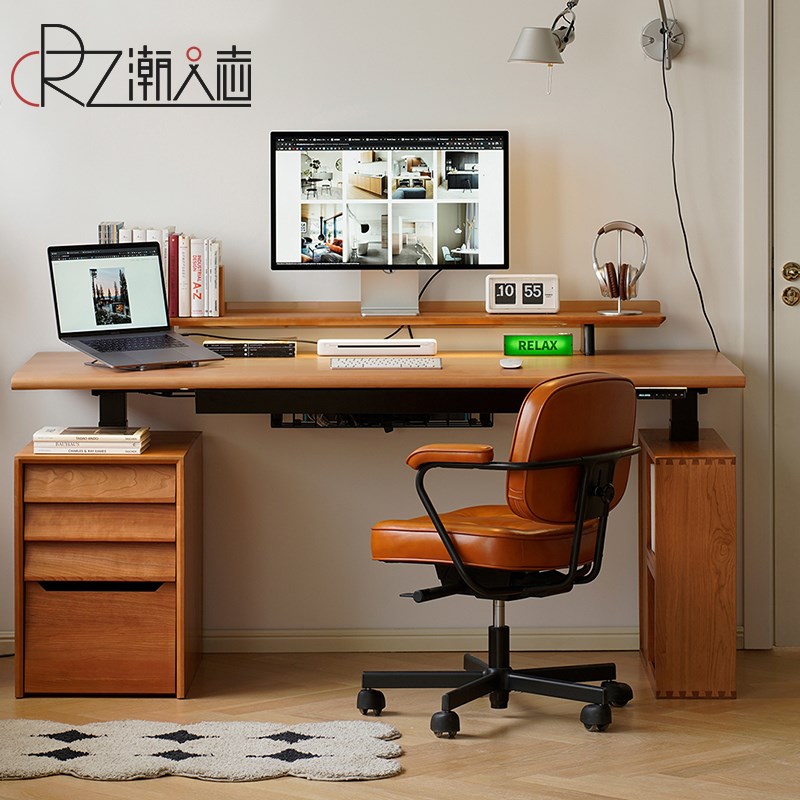 北欧樱桃木书桌家用书房电脑办公桌子实木长方桌电动升降桌工作台