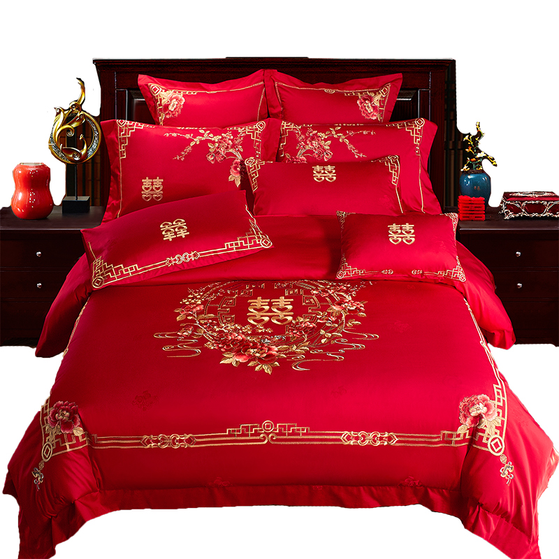 140S支全棉大红色婚庆床上用品十件套新婚结婚喜被子四六多件套