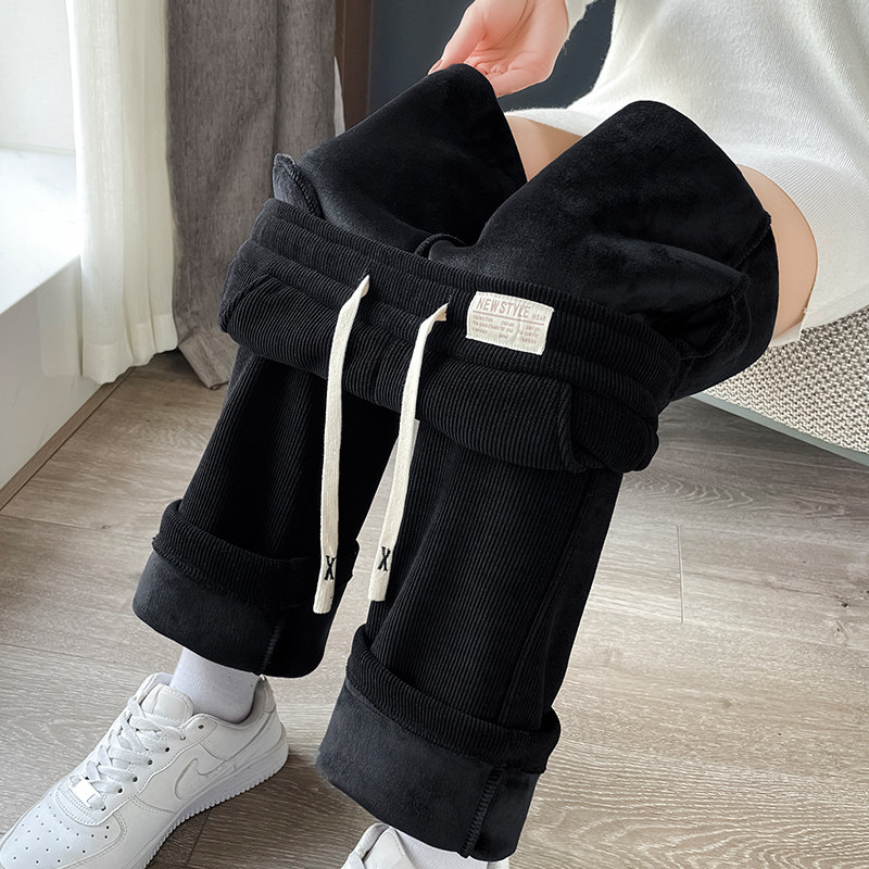 雪尼尔窄版阔腿裤女秋冬加绒加厚2022新款直筒休闲九分棉裤子冬季