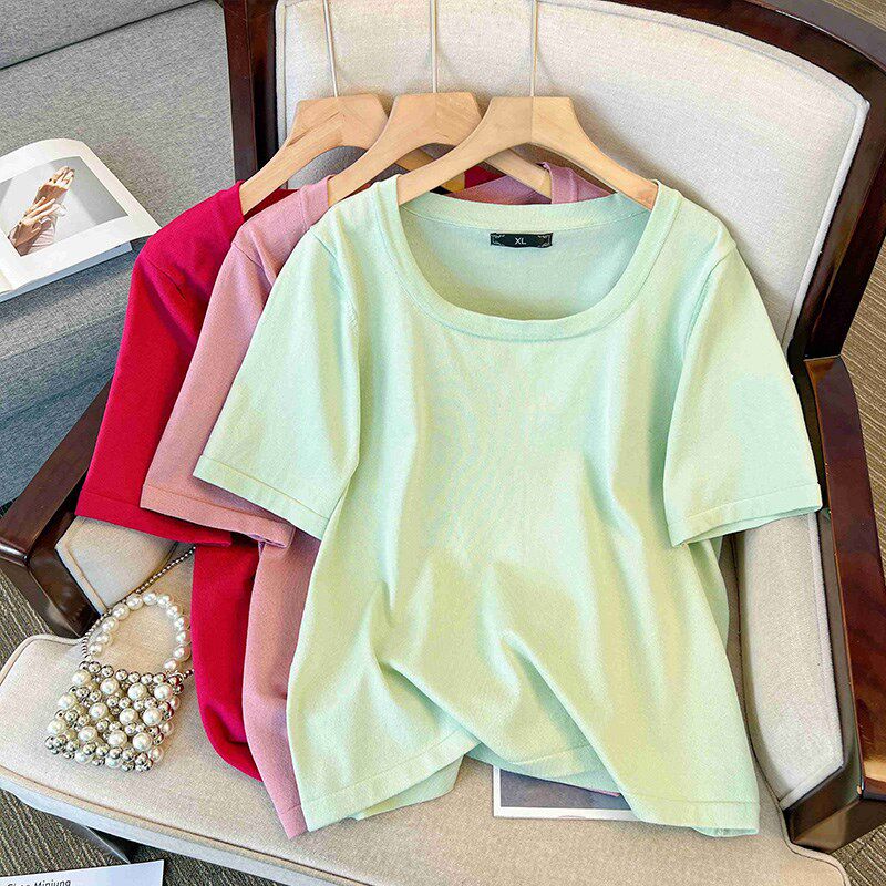 高端方领上衣胖MM独特240斤大码女装夏季遮肚短袖宽松针织线衣T恤