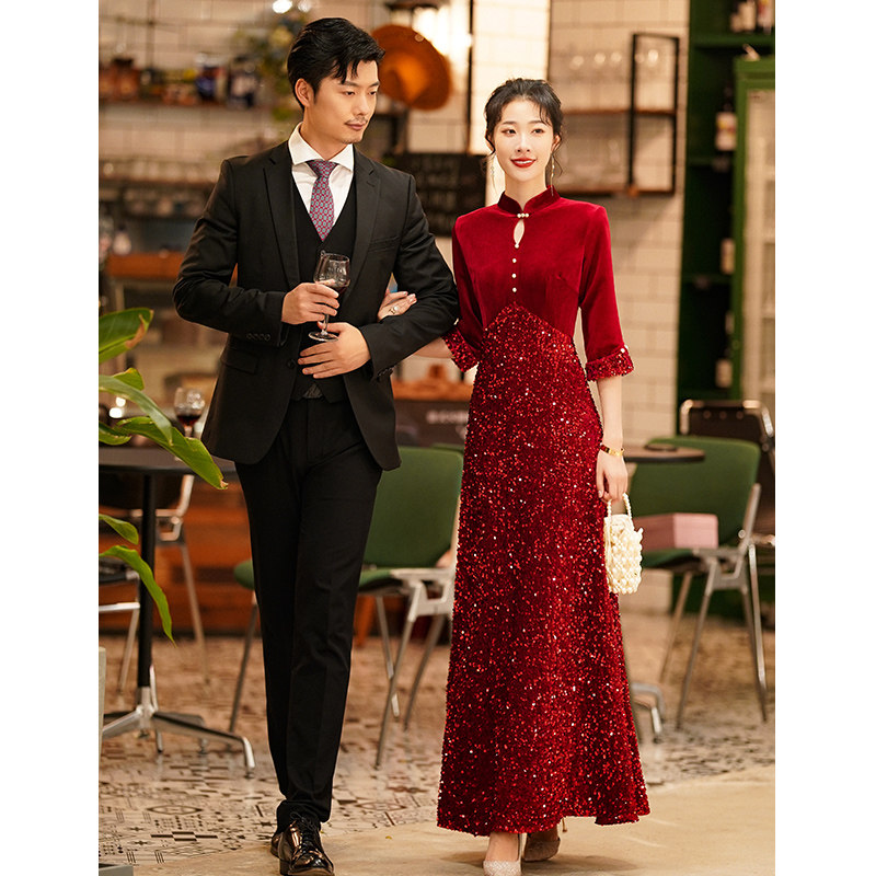 旗袍晚礼服裙女秋冬季高级感回门改良中式订婚红色结婚敬酒服新娘