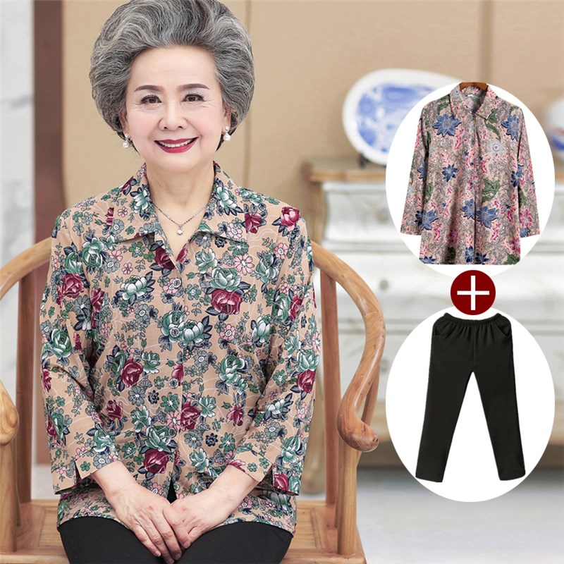 奶奶装春装衬衫中老年人女装60妈妈上衣套装80岁太太夏装老人衣服