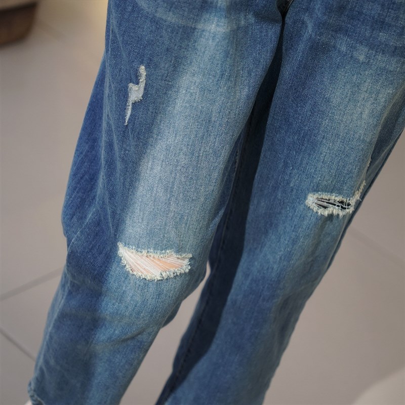 夏季薄款大码高腰破洞哈伦牛仔裤 200斤胖妹妹百搭显瘦弹力八分裤