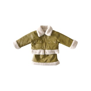 女童加厚加绒皮夹克外套休闲套装2023冬装新款女宝宝短裙两件套潮