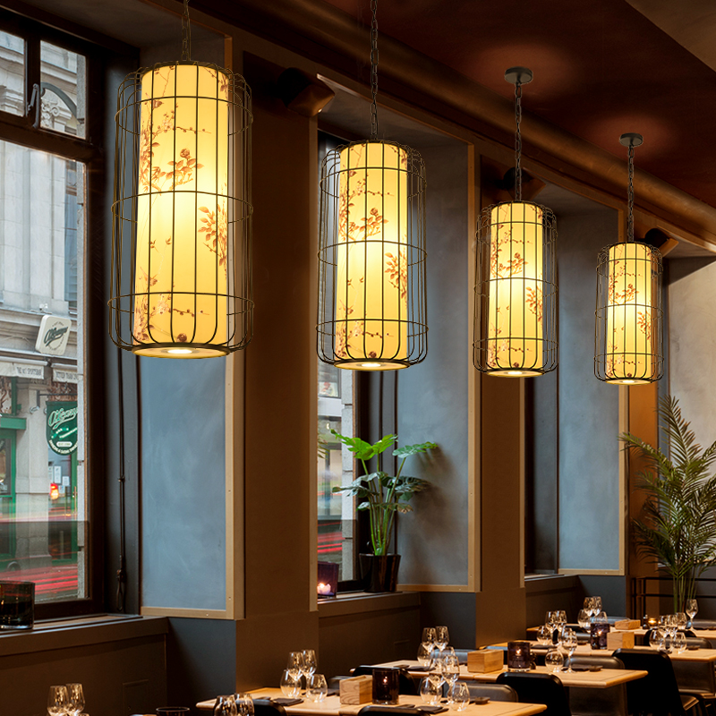新中式餐厅灯笼吊灯中国风火锅店饭店包间铁艺鸟笼灯带射灯茶室灯