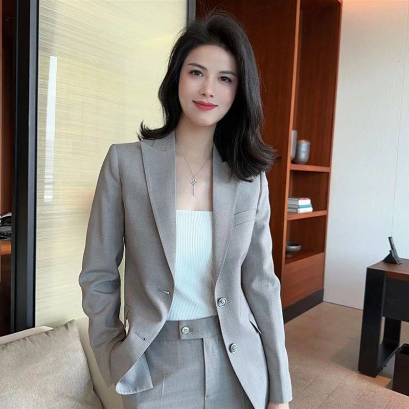 石灰色夏款半里衬西服套装职业单排扣女士西装套装九分裤长袖修身