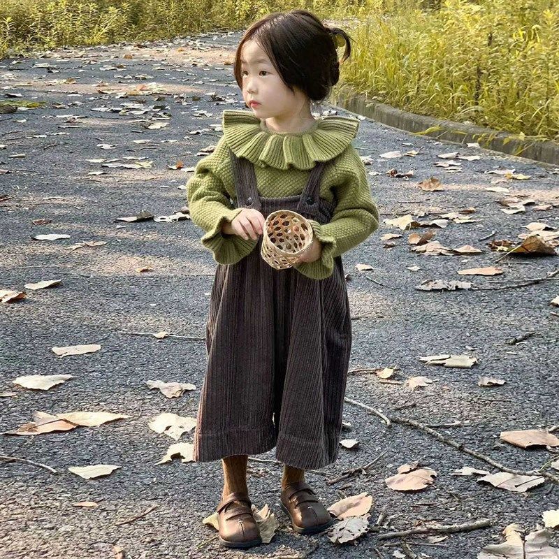 韩国童装2025春季新款绿色荷叶领针织毛衣女童灯芯绒背带裤两件套