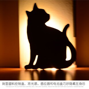 猫咪剪影灯光声控感应灯小夜灯影子灯电池投影灯壁灯动物猫灯磨砂