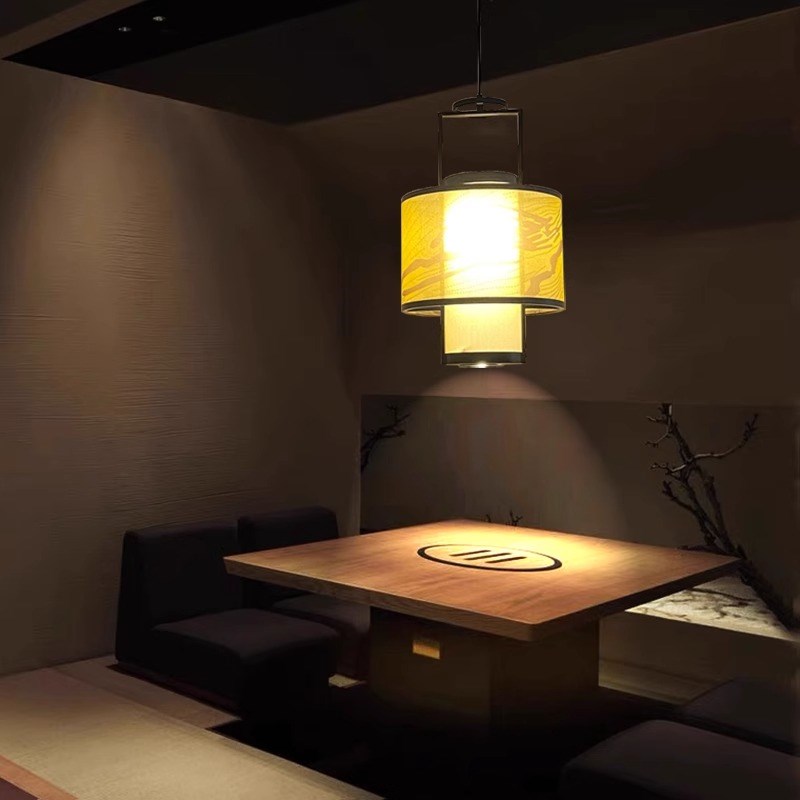 新中式吊灯禅意圆形布艺火锅店餐厅卡座餐位带射灯设计师餐饮专用