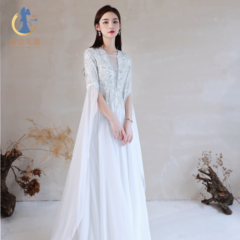 新款独唱礼服成人女复古银白色舞台民乐表演学生艺考服古筝演出服