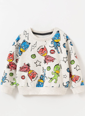 2023秋季新款男童灰色小英雄长袖厚棉T宝宝套头加厚T恤中小童上衣